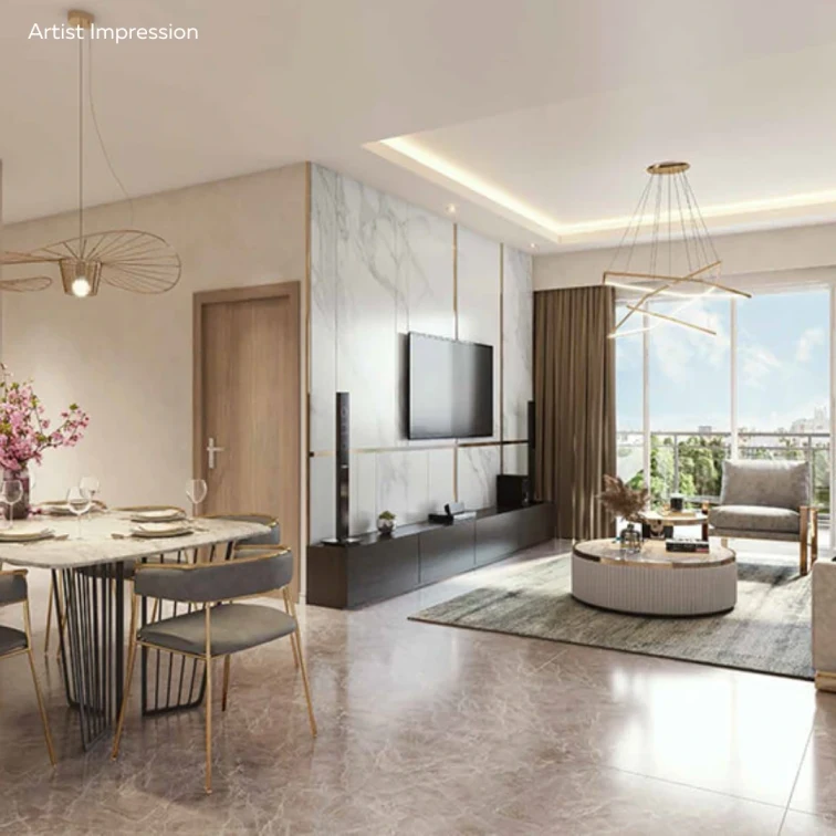 Living room with orange sofa and wooden partition